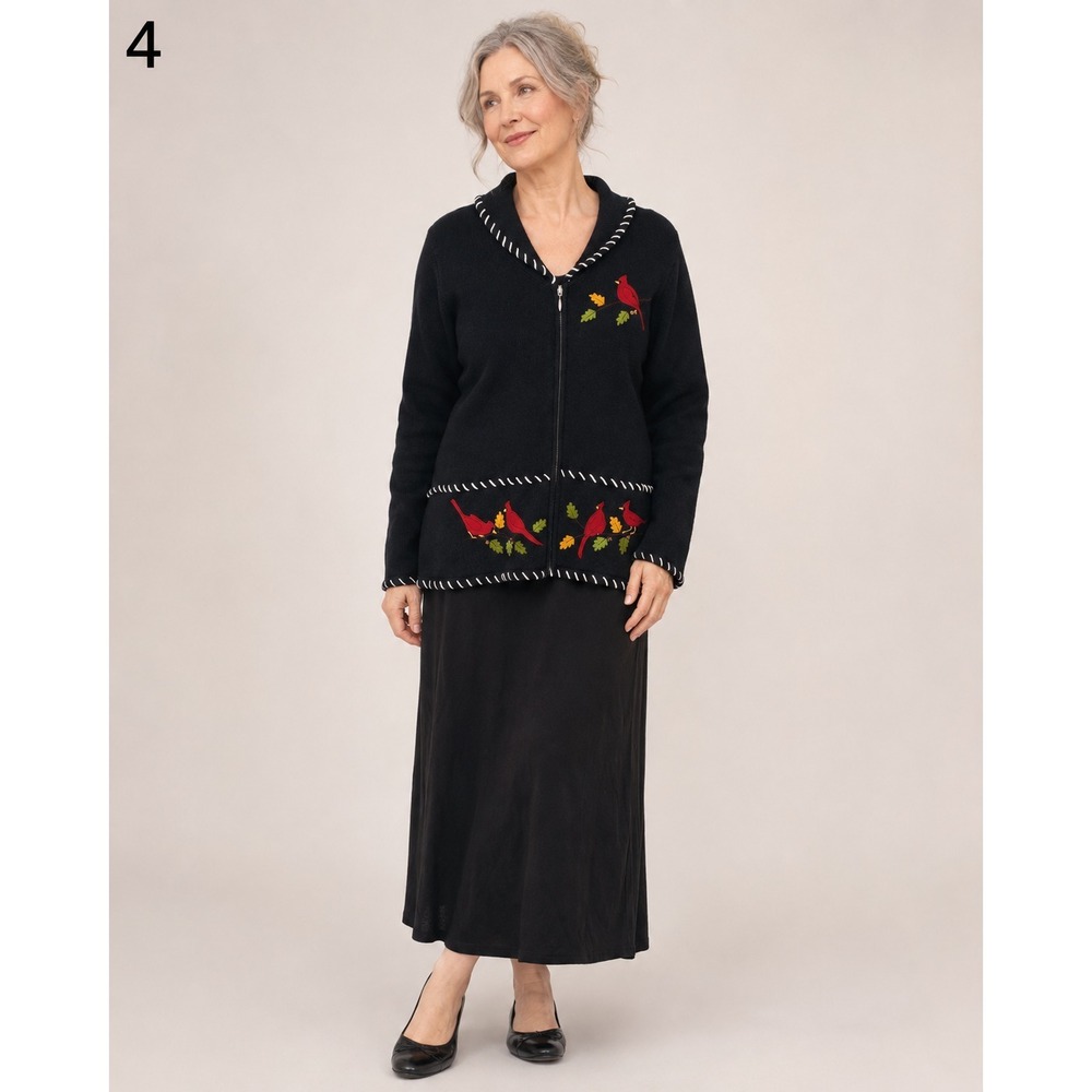 Vintage Breckenridge Sweater Cardigan Large Black Cardinal Embroidered Ramie
